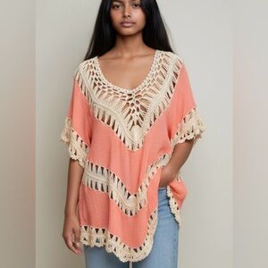 Umgee Neon Orange Crochet Crinkle Tunic Top Y2K Festival Beach Coverup Med